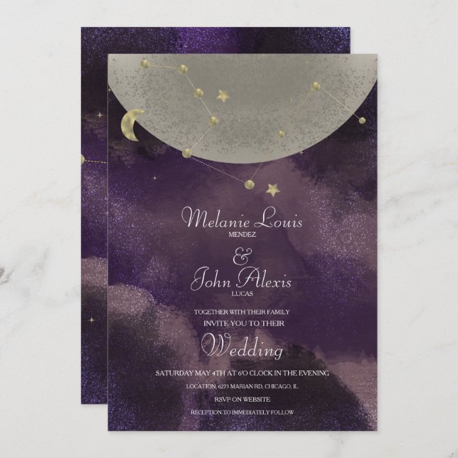 Invitation Constellation de lune Mariage céleste violet or (Devant / Derrière)