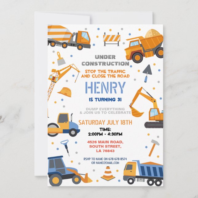 Invitation Constructeur de construction Digger Camion fête d' (Devant)