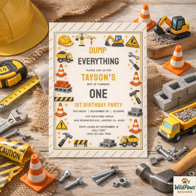 Invitation Construction 1er Anniversaire | Fête de Camion de  (Construction 1ST Birthday | Builder Truck Party Invitation
)