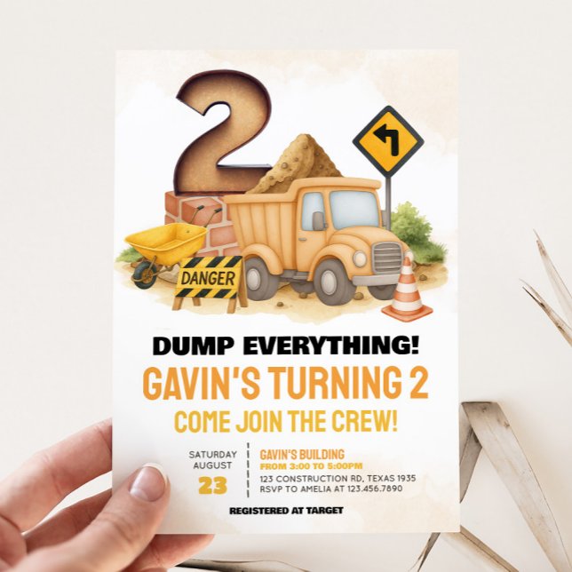Invitation Construction 2ème fête d'anniversaire (Construction Truck 2nd Birthday Party Invitation)