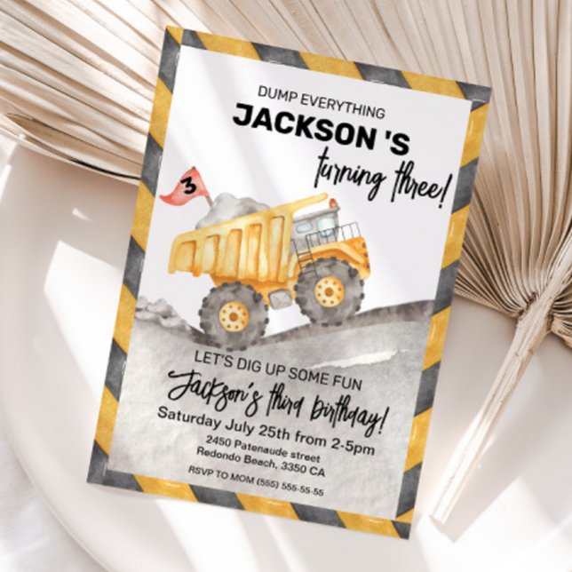 Invitation Construction 3rd birthay Dump Truck party (Construction Dump truck 3rd birthday invitation)
