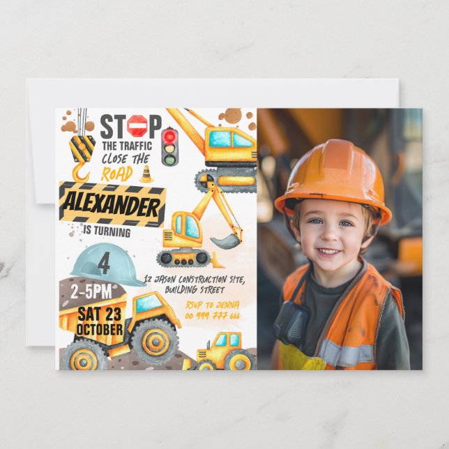 Invitation Construction 4e anniversaire Photo Camion-camion d (Devant)