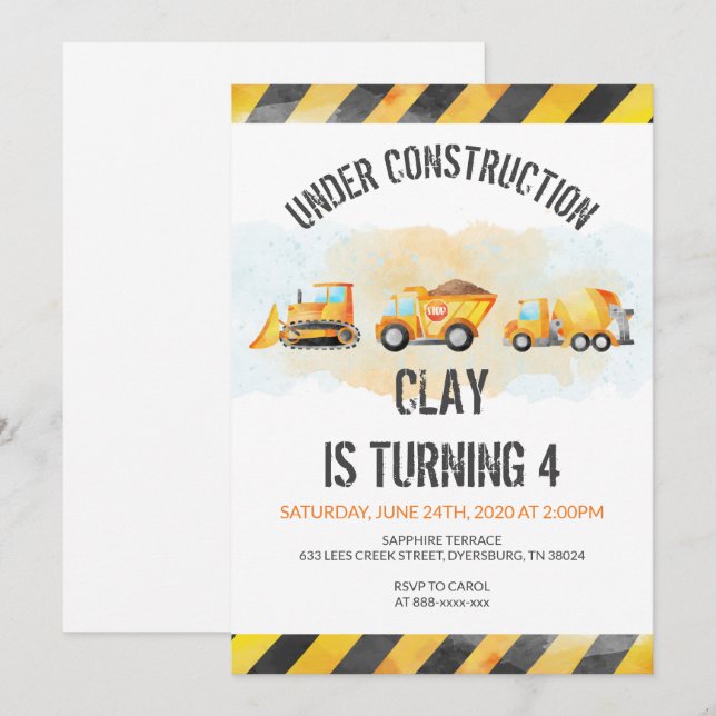 Invitation Construction Anniversaire Camion de vidage Anniver (Devant / Derrière)