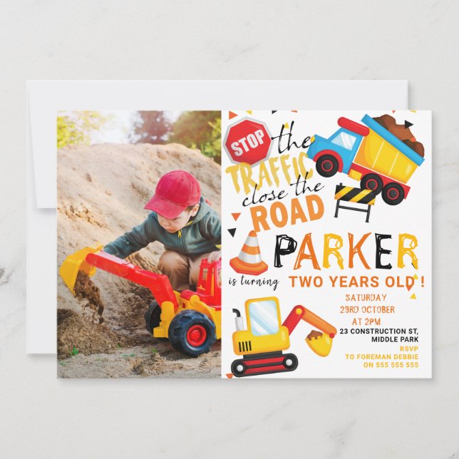 Invitation Construction Anniversaire Cute Photo (Devant)