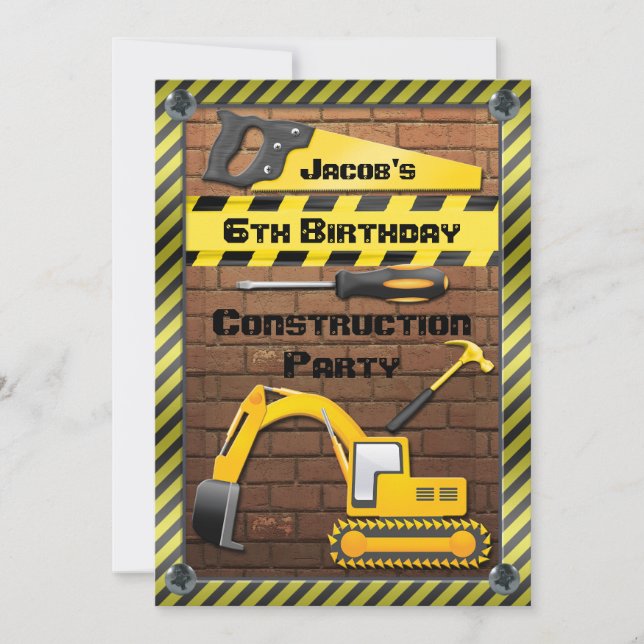 Invitation Construction Anniversaire de la fête Outils et Dig (Devant)