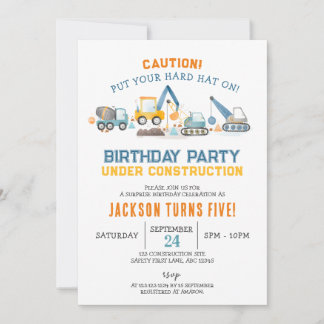 Invitation Construction Birthday, Digger Boy 5th Birthday