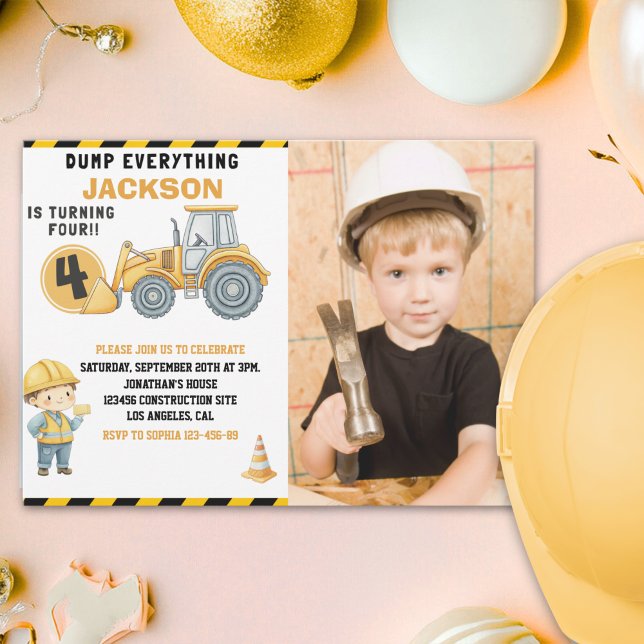 Invitation Construction Birthday with Photo | Dump Truck (Créateur téléchargé)