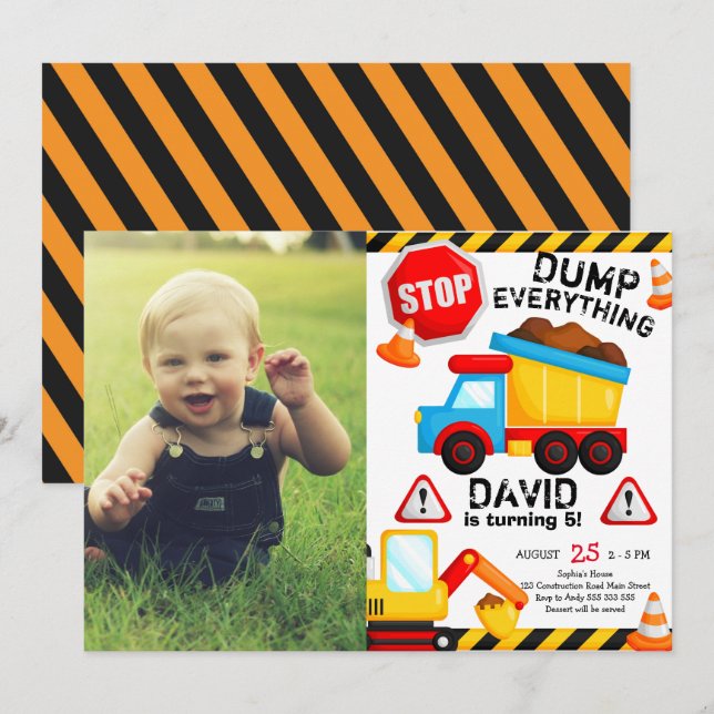 Invitation Construction Boy Dump Truck avec photo (Devant / Derrière)