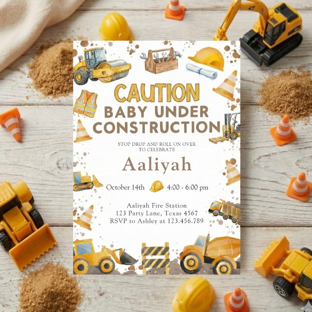 Invitation construction bulldozer celebration baby boy shower (Créateur téléchargé)