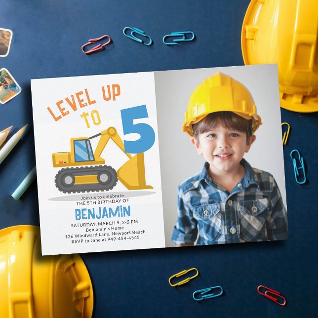Invitation Construction Bulldozer Cute Photo Boy 5e anniversa (photo construction birthday party invitation boy 5 fifth five bulldozer vehicle truck level up cute)