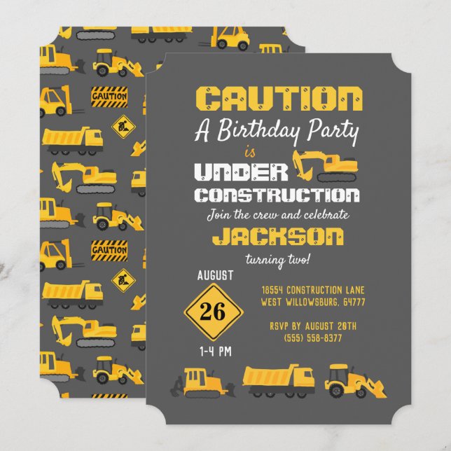 Invitation Construction Camions Anniversaire Fête Grey Invita (Devant / Derrière)