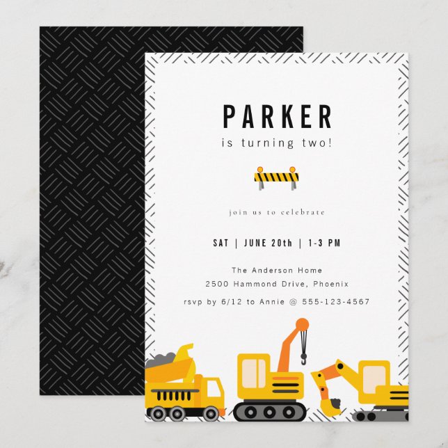 Invitation Construction Camions Thème Anniversaire (Devant / Derrière)