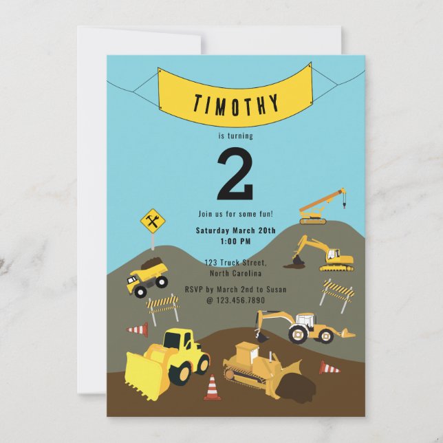 Invitation Construction Camions Thème du site Anniversaire Fê (Devant)
