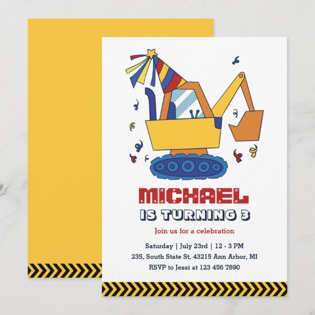 Invitation Construction de l'excavateur Enfants Garçons Anniv (Devant / Derrière)