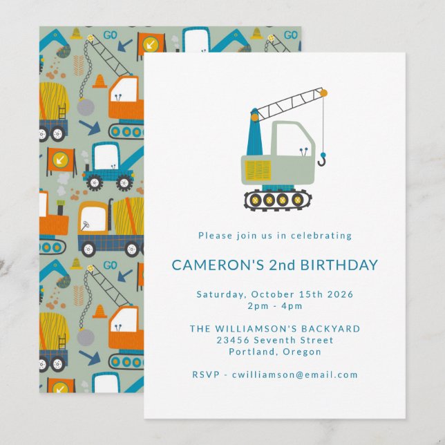 Invitation Construction Digger Trucks Bleu 2e fête d'annivers (Devant / Derrière)