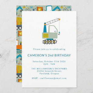 Invitation Construction Digger Trucks Bleu 2e fête d'annivers