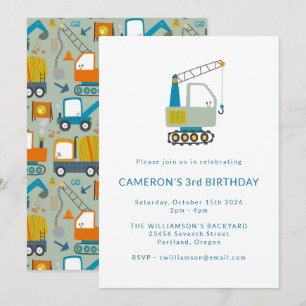 Invitation Construction Digger Trucks Bleu 3ème anniversaire 