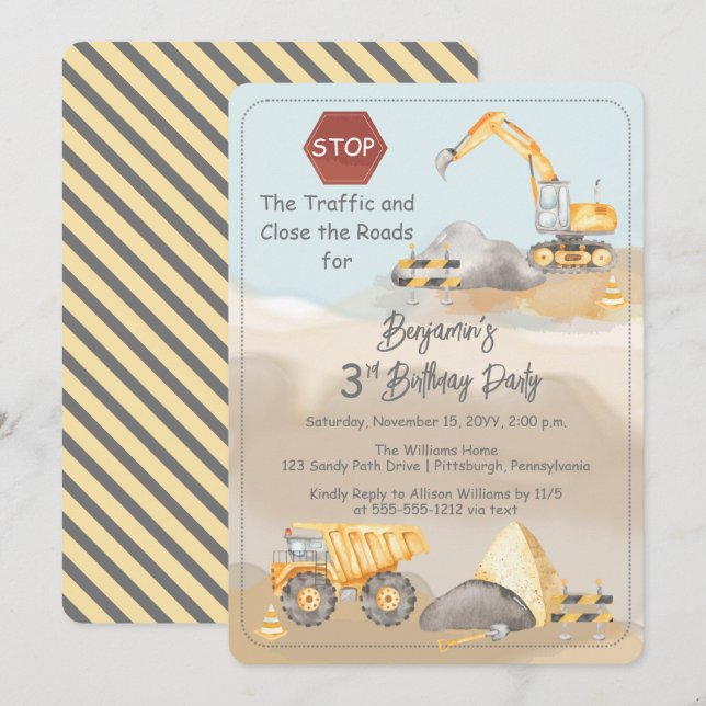 Invitation Construction Dump Truck Boy 3e fête d'anniversaire (Devant / Derrière)