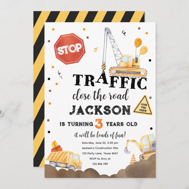 Invitation Construction Jaune Camion Camion Boy Anniversaire (Devant / Derrière)