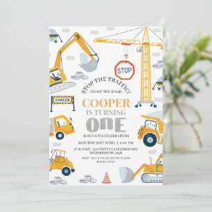 Invitation Construction Jaune Gris Moderne 1er Anniversaire 