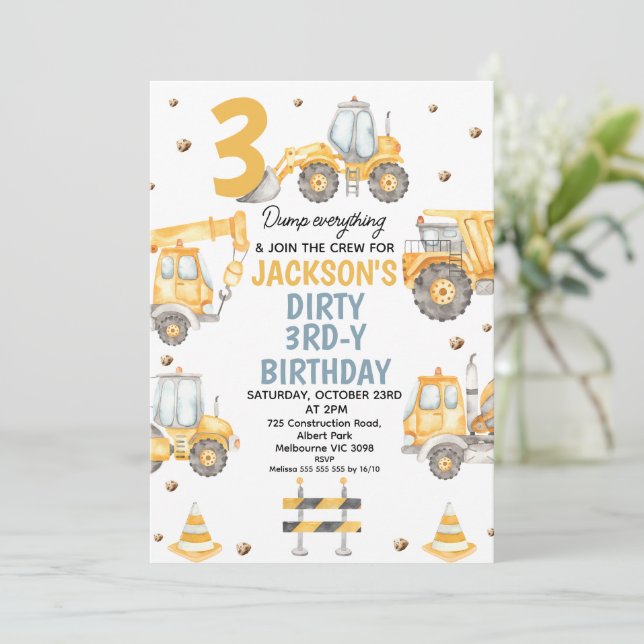 Invitation Construction Jaune moderne sale 3ème anniversaire (Debout devant)