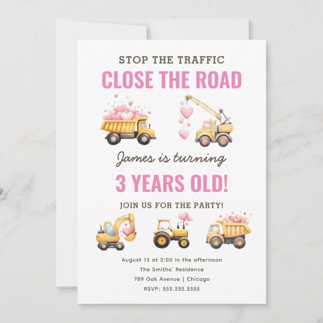 Invitation Construction Pink Truck Coeur Anniversaire Invitat (Devant)