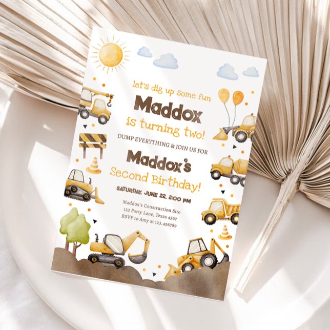 Invitation Construction Trucks Boy 2nd Second Birthday (Créateur téléchargé)