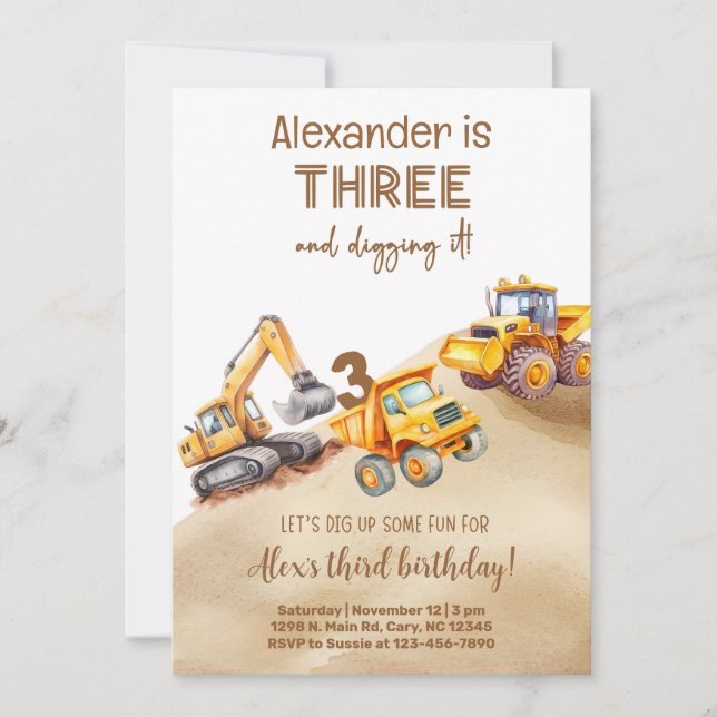 Invitation Construction trucks boy birthday invitation. (Devant)