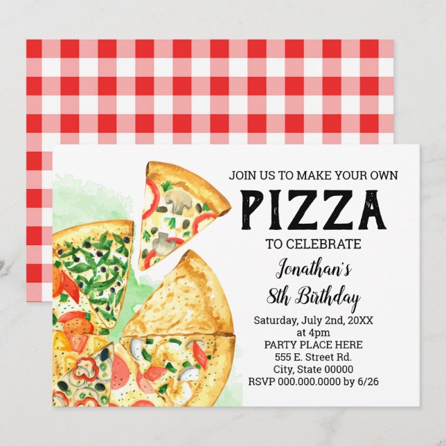 Invitation Construisez votre fête d'anniversaire de pizza bas (Devant / Derrière)