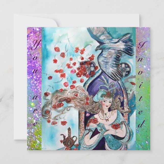 Invitation CONTE DE FÉES TURC ,rouge vif bleu violet scintill (Devant)