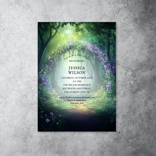 Invitation Conte fée d'été Baby shower forestier enchanté (enchanted woods with purple flowers)