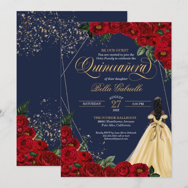 Invitation Conte fée enchantée Rose Rouge Princesse Quinceañe (Devant / Derrière)