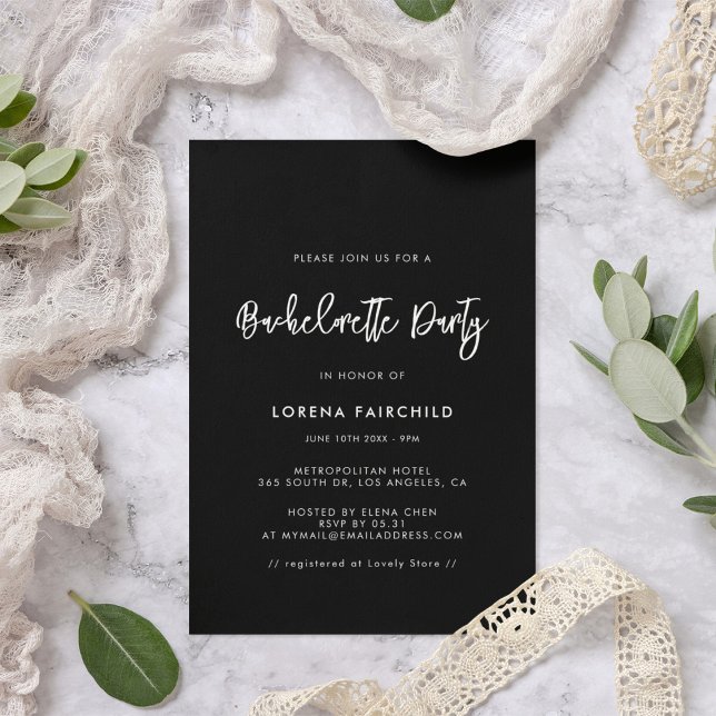 Invitation Contemporain moderne noir Bachelorette (Créateur téléchargé)