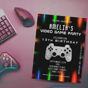 Invitation Contrôleur de fête de jeu vidéo Néon Anniversaire 