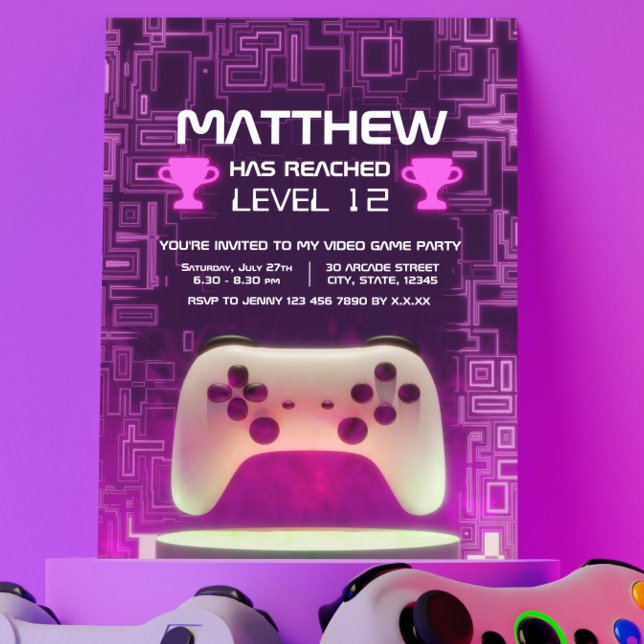 Invitation Contrôleur de jeu vidéo Neon moderne Enfants Ado (Modern Neon Video Game Controller Kids Teen Invitation)