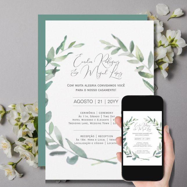 Invitation Convite Casamento Folhas Azeitona Verde portugais (Créateur téléchargé)