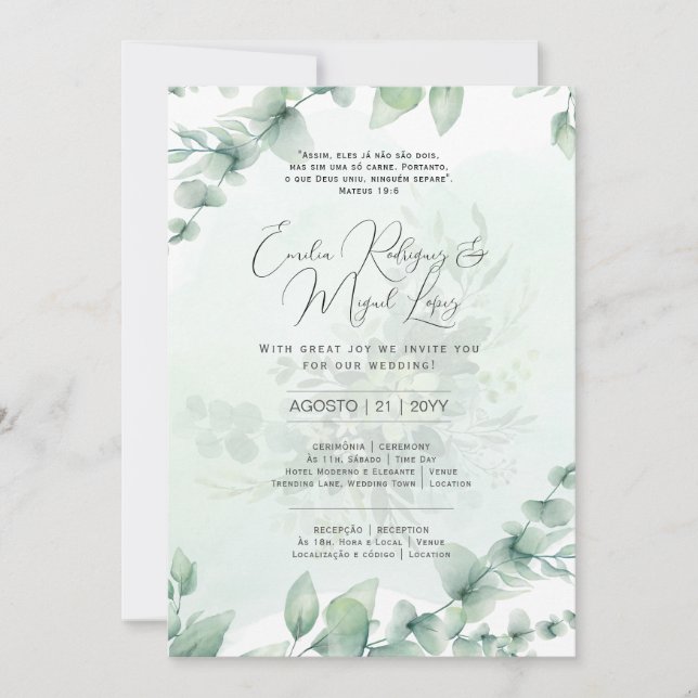 Invitation Convite de Casamento Folhas Verdes portugais (Devant)