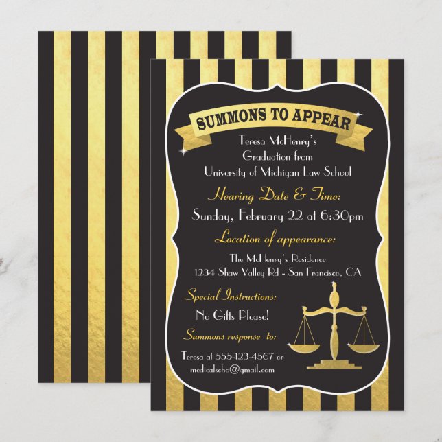 Invitation Convocations élégantes pour les études de droit (Devant / Derrière)