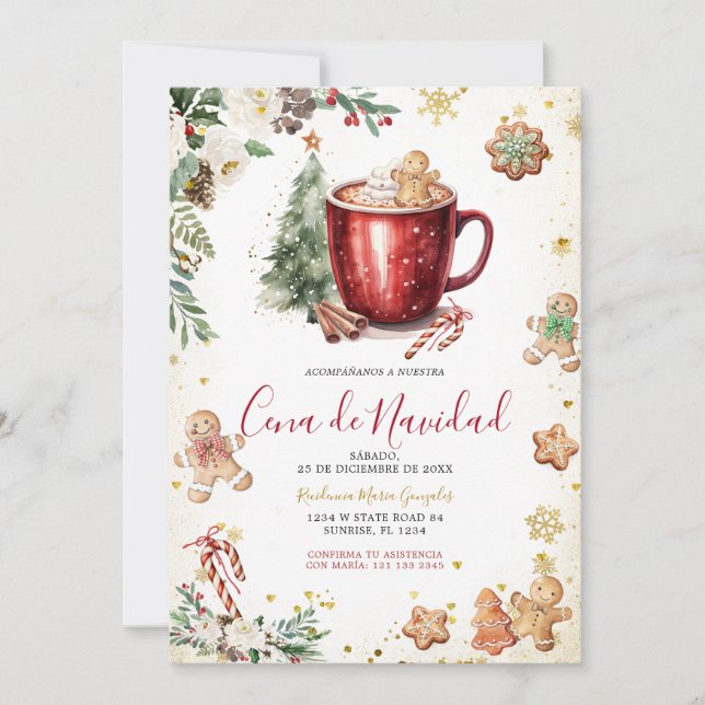 Invitation Cookie Cocoa Christmas Spanish Cena De Navidad (Devant)