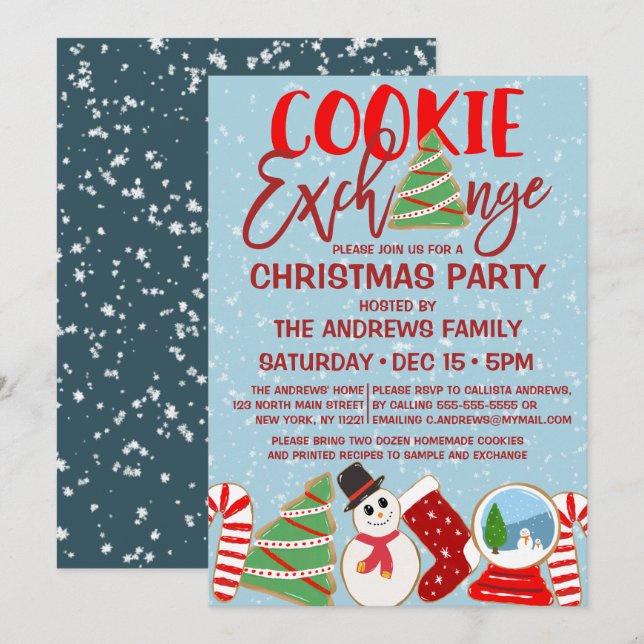 Invitation Cookie Exchange Red Blue Illustrations Noël (Devant / Derrière)