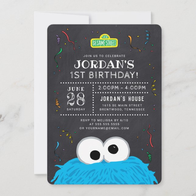 Invitation Cookie Monster Chalkboard Confetti Anniversaire (Devant)