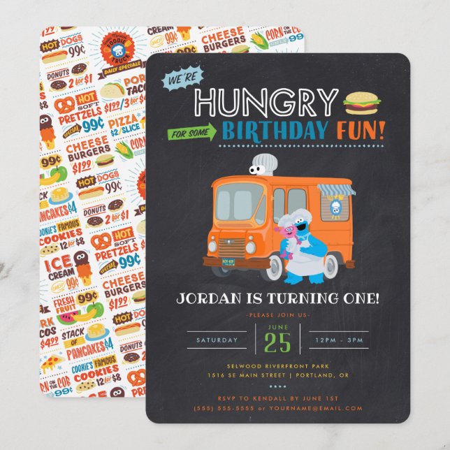 Invitation Cookie Monster Chalkboard Food Truck Anniversaire (Devant / Derrière)