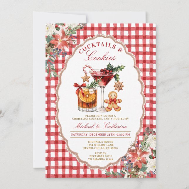 Invitation Cookies & Cocktails Cozy Rustic Red Gingham (Devant)