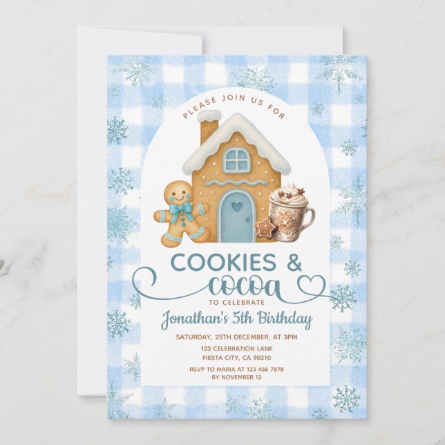 Invitation Cookies & Cocoa Birthday Blue Snowflakes Gingham (Devant)