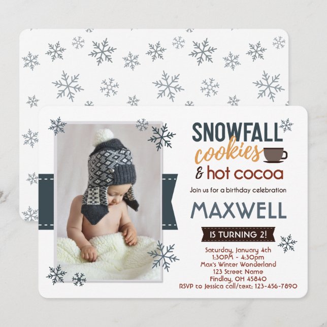 Invitation Cookies de neige et cacao Photo d'hiver Fête d'ann (Devant / Derrière)