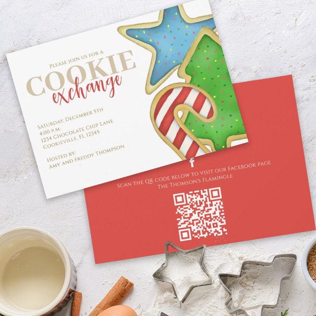 Invitation Cookies de Noël Whimsical Fun QR Code Facebook (Christmas whimsical colorful cookie cutout invitation with QR code for social media sharing. )