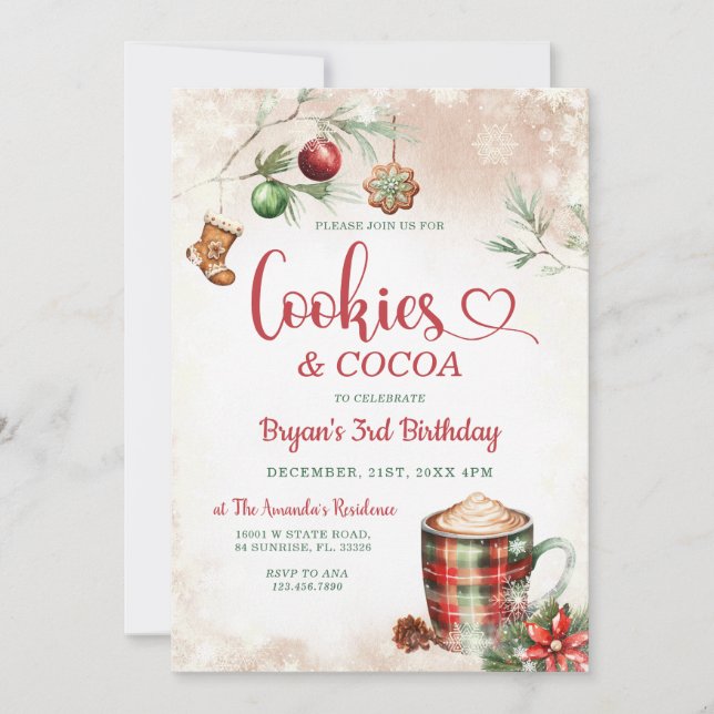 Invitation Cookies et cacao Plaid Noël 3e fête d'anniversaire (Devant)