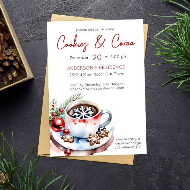 Invitation Cookies et cacao simple modèle de fête de Noël (Cookies and cocoa Christmas party template invitation simple minimalist modern watercolor snowflake)