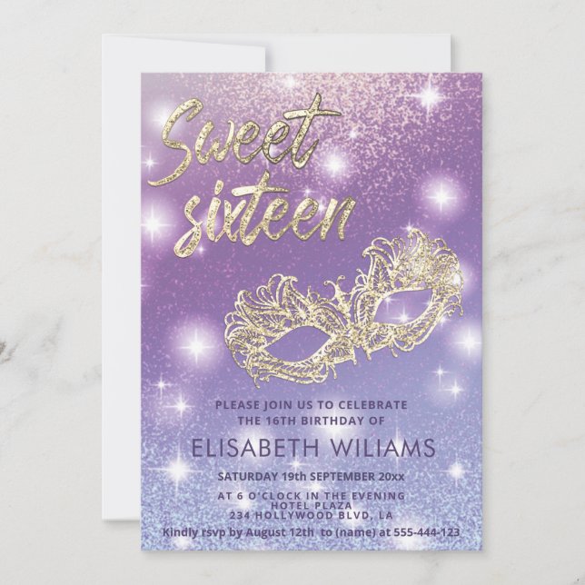 Invitation Cool Adorable Masquerade chic lilas or glittery (Devant)