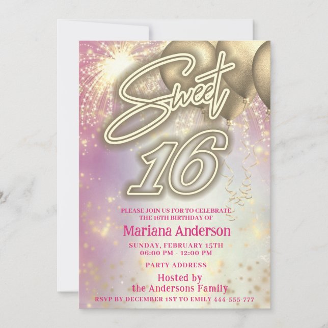 Invitation Cool amusant ballon rose or scintille feux d'artif (Devant)